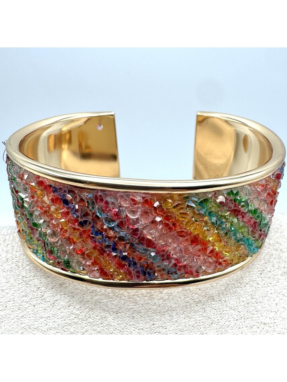 Multicolor Rhinestone Wide Cuff Bracelet Gold Tone Statement Jewelry